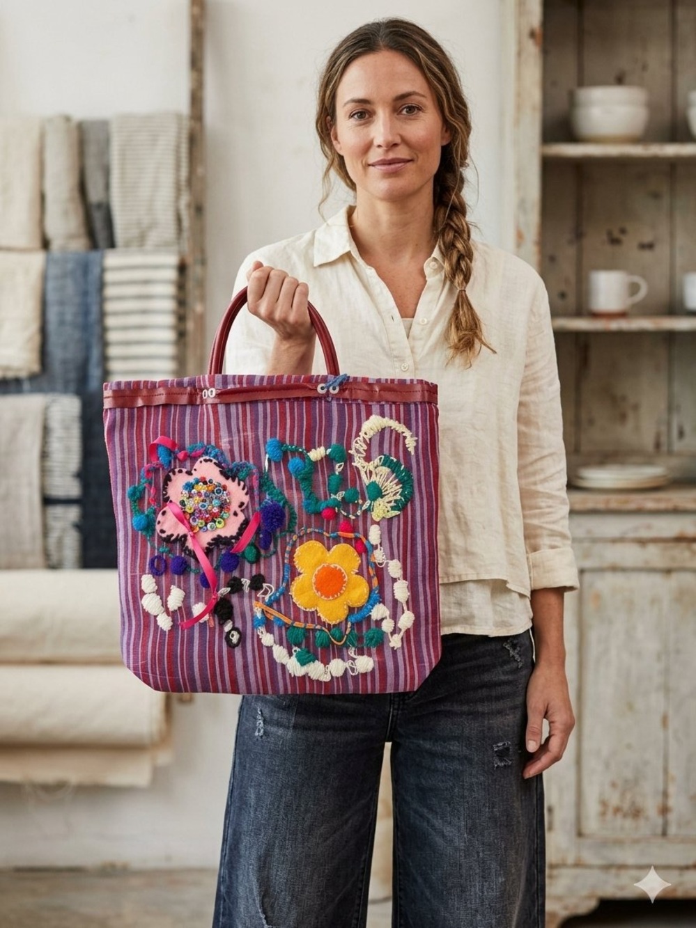 NEW MEXICAN Market Tote Bag Red Striped Embroidered Floral 12x12”